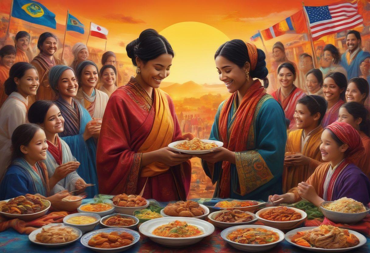 A warm, inviting collage showcasing diverse individuals engaging in acts of kindness, such as sharing food, helping each other, and smiling together. Include elements representing various cultures, like traditional attire, flags, and cultural symbols intertwined in the background. The atmosphere should feel uplifting and harmonious, with vibrant colors radiating positivity and connection. super-realistic. vibrant colors. soft focus.