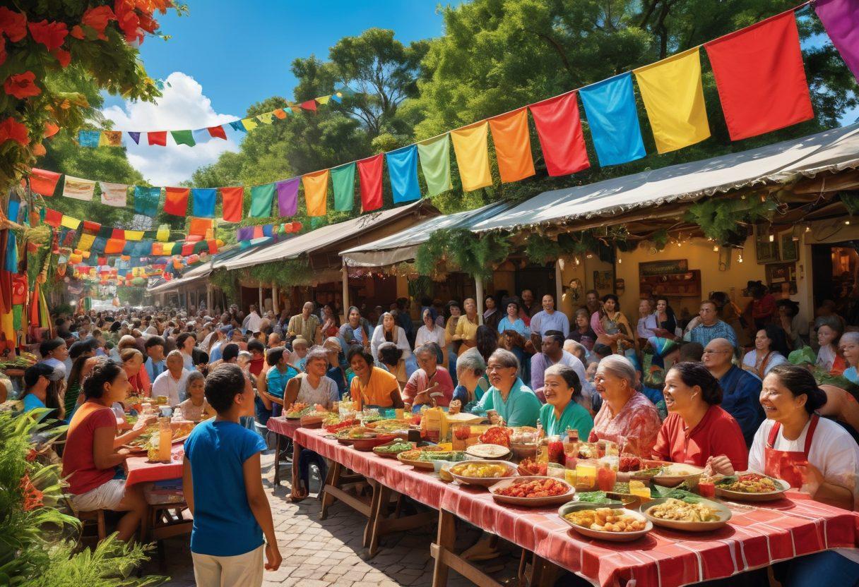 A vibrant and diverse community gathering, showcasing people of different ages, ethnicities, and abilities, united in a joyful celebration. Include elements like colorful banners and tables filled with cultural food, and smiles all around. In the background, greenery represents growth, and a bright blue sky symbolizes hope. super-realistic. vibrant colors. community-focused.