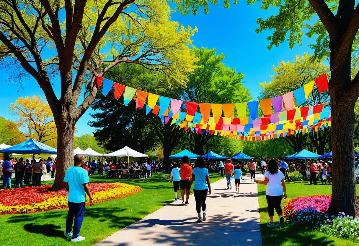 A vibrant community scene showcasing individuals of various ethnicities, ages, and abilities engaging in joyful activities together in a lush park. Colorful banners representing inclusivity and unity hang from trees, while children play and adults share smiles. Include elements like art installations that celebrate diversity, with flowers blooming symbolizing growth and acceptance. Bright blue sky complements the lively atmosphere. vibrant colors. 3D.
